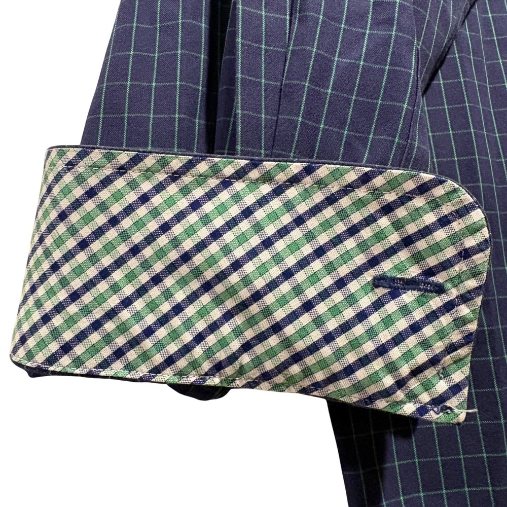 Paul Fredrick‎ Mens 17.5 34 Non-Iron Pinpoint Cotton Navy Green Windowpane Shirt - Picture 5 of 7